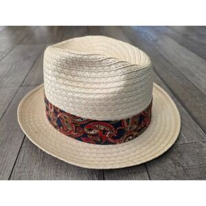 Haband Men's Straw Fedora Hat Size L Made in USA Vintage Style Tan Paisley Band